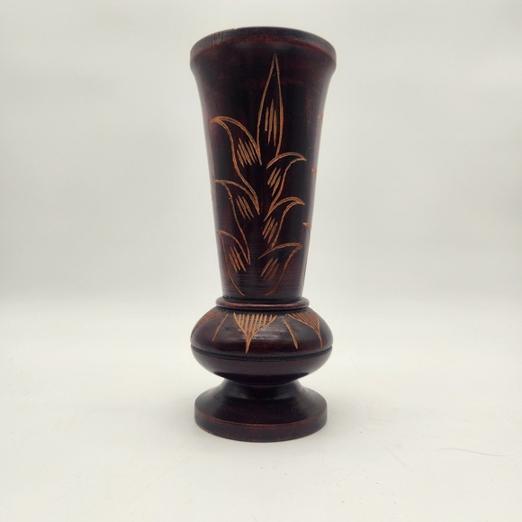 Hand Turned Hand Carved Wooden Pedestal Vase Hibiscus Flowers Deep Brown Stain - Picture 1 of 7